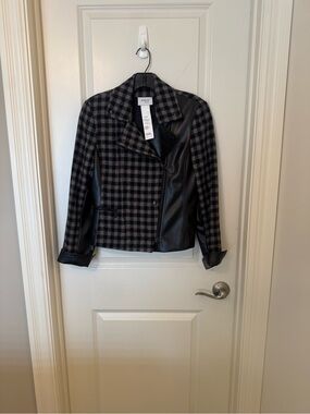 Akris Punto Black and Gray Plaid Mixed-Media Moto Jacket